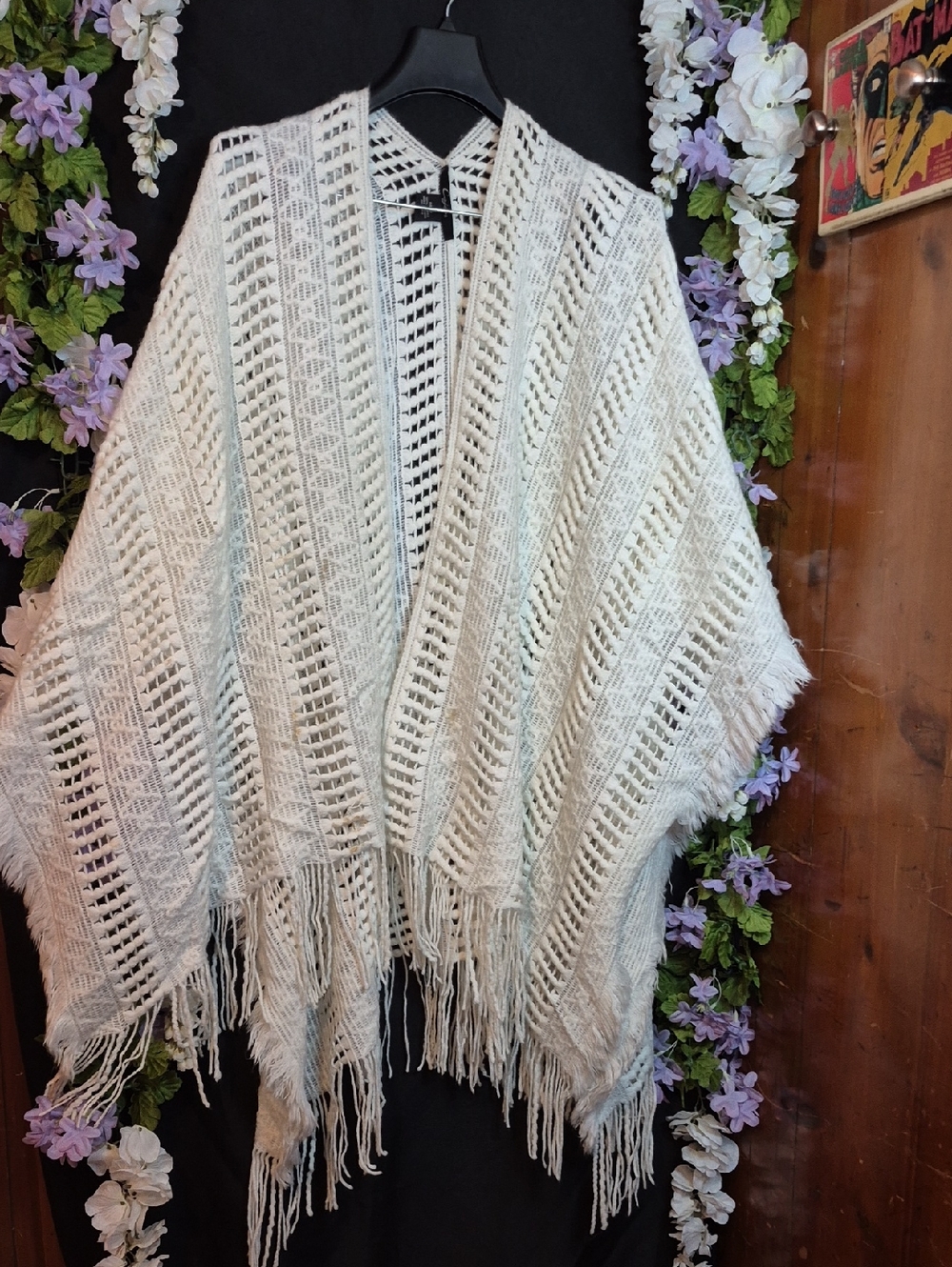 Cream Open-Weave Knit Fringe Shawl - Lightweight Cozy Cover
